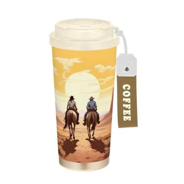 Imagem de SEHANY Caneca de viagem vintage caubói ocidental 482 g xícaras de café reutilizáveis revestidas de cerâmica com tampa à prova de vazamento, parede dupla, isolamento a vácuo, copo de café de aço
