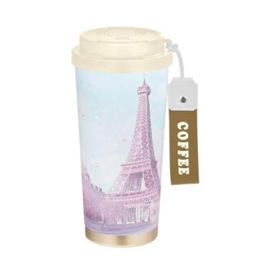 Imagem de SEHANY Caneca de viagem Torre de Paris em aquarela de 500 ml Copos de café reutilizáveis revestidos de cerâmica com tampa à prova de vazamento, parede dupla, isolamento a vácuo, copo de café de aço