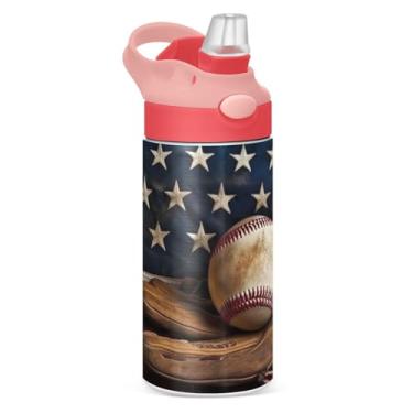 Imagem de Blueangle Garrafa de água de taco de beisebol vintage de aço inoxidável isolada de 350 ml com tampa de canudo - Garrafa esportiva reutilizável e portátil à prova de vazamento para viagens, ao ar livre