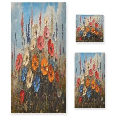 Imagem de ATTX Conjunto de toalhas de banho com pintura a óleo de flores silvestres de 3 peças - Ultra macio e de secagem rápida, toalhas de mão absorventes de grau de hotel e spa para banheiro #318