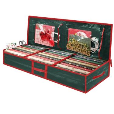 Imagem de Caixa de armazenamento de papel de embrulho de Natal, recipiente de plástico para suprimentos e acessórios de férias, organizador de sacolas de presente, armazenamento de papel de embrulho sob a cama