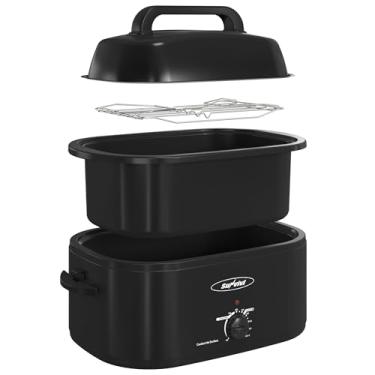 Imagem de Sunvivi Assadeira elétrica com tampa, 28 litros com frigideira removível, assadeira grande, tampa visível e auto-engarrafada, aquecimento rápido e descongelar/manter quente, preto