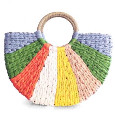 Imagem de QTKJ Bolsa simples retrô semicírculo de palha de vime redonda tecida à mão feminina de papel de palha bolsa de praia de verão bolsa de palha (colorida), Colorido., 15.74''x 3.93''x 13.58''