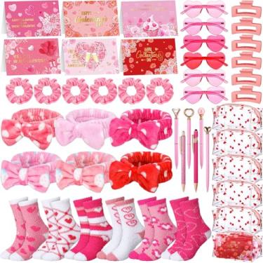 Imagem de Geiserailie Conjunto de presente rosa para o Dia de Galentine, presente de Dia dos Namorados para ela, inclui bolsas de maquiagem rosa, elásticos de cabelo, grampos de cabelo, coração, óculos de sol