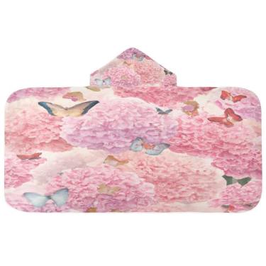 Imagem de Burbuja Toalha de banho com capuz de borboletas rosa Hydrengia para crianças, toalha de praia de pelúcia macia absorvente para meninas e meninos 3-10 anos, 61 x 127 cm