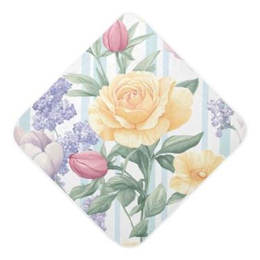 Imagem de Burbuja Toalha de banho para bebê com flores pastel em listras - Toalha com capuz de musselina macia e absorvente para recém-nascido, 76 x 76 cm