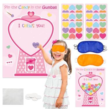 Imagem de B1ykin Jogo de festa do dia dos namorados para crianças - Pin the Candy on the Gumball Machine com 54 peças de adesivos de coração, I Chews You, pôster de jogos para atividades de festa dos namorados