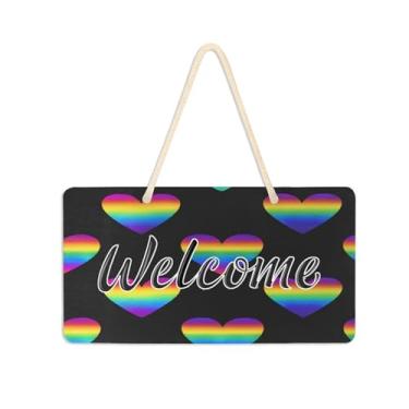 Imagem de Burbuja Placa de boas-vindas de corações multicoloridos para porta da frente, placa de boas-vindas de PVC para decoração de férias, 15 x 28 cm