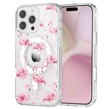 Imagem de OFQKOAKS Capa para iPhone 16 Pro, compatível com MagSafe, linda romântica arte floral rosa flamingo, capa protetora fina e transparente para amantes