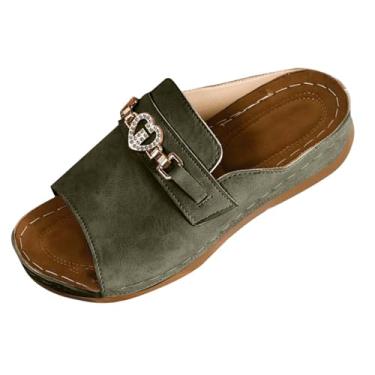 Imagem de Sandálias femininas casuais de metal com boca de peixe, bico aberto, primavera, verão, Verde militar, 34