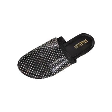 Imagem de Chinelos femininos com strass bico redondo bico fechado casual praia primavera verão versátil UE 36-43 Reino Unido 3,5-7 EUA 5,5-9 comprimento do pé 23-26,7 cm, Preto, 39