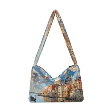 Imagem de Halloween com abóboras no roxo bolsas de ombro femininas, bolsas de pelúcia macia, bolsa feminina para uso ao ar livre, Casas em cada lado da água 2, One Size