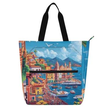 Imagem de GAIGEO Sacola Riviera Seaside Village colorida para mulheres, bolsas de tecido de lona, faculdade, escola, bolsas médias para amantes de livros