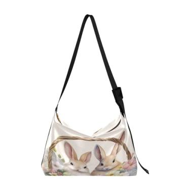 Imagem de GAIGEO Bolsa tiracolo grande de flamingos rosa de desenho animado, bolsa transversal de alça larga, bolsas de ombro de couro para homens, Coelhos em uma cesta de flores - 1, One Size