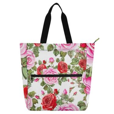 Imagem de GAIGEO Bolsa de trabalho feminina com estampa de rosas florais variadas, rosa, vermelha, bolsa escolar de lona com zíper, bolsas de professores com compartimentos