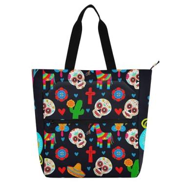 Imagem de GAIGEO Bolsa de ombro colorida com caveiras mortas pretas para crianças, mulheres, professores, reutilizável, com zíper, escola, trabalho, bolsa de ombro