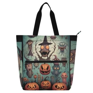 Imagem de GAIGEO Sacola assustadora de Halloween Monstros Abóbora para crianças, mulheres, faculdade, escola, reutilizável, bolsa com zíper