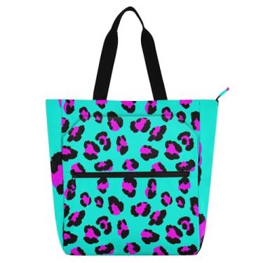 Imagem de GAIGEO Bolsa de trabalho feminina com estampa de leopardo azul-petróleo bolsa escolar de lona com zíper bolsas de professor com compartimentos
