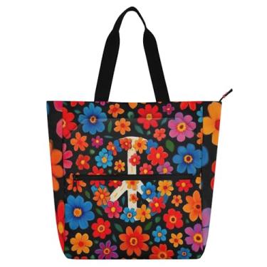 Imagem de GAIGEO Sacolas de trabalho femininas com símbolo da paz, floral, colorida, branca, lona, praia, para livros, zíper, para professores, bolsas com compartimentos