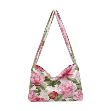 Imagem de Bolsa de ombro feminina com flor de peônia rosa, bolsa de mão com zíper, sacola feminina jovem, Rosa e verde peônia floral-1, One Size