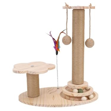 Imagem de Depisuta Poste para Arranhar Gatos, Pequena Torre Alta de árvore para Arranhar de Madeira Com Bolas de Pista de 2 Níveis, Brinquedo de Penas Interativo e Bolas Suspensas de (Madeira maciça 46cm de