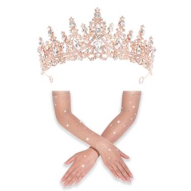 Imagem de Acessórios femininos para fantasia de Halloween, cristal, ouro rosa, coroa de strass, malha arrastão, luvas longas, festa de casamento, cosplay, Ouro rosa, 2 PCS