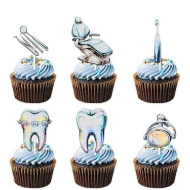 Imagem de 18 peças de enfeite de cupcake dental dentista com glitter azul tema de limpeza de dentes decoração de aniversário para mulheres e homens, artigos de decoração de feliz aniversário