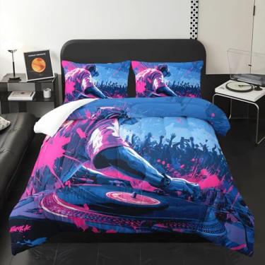 Imagem de AILONEN Conjunto de edredom casal com notas musicais, música musical, palco, DJ, para adolescentes, meninos e meninas, 3 peças, 1 edredom com 2 fronhas