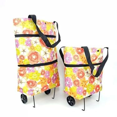 Imagem de Carrinho Dobrável Portátil 30kg - Leve com Rodas Silenciosas, Trailer Pequeno Doméstico, Ideal para Compras, Feira e Transporte de Itens Leves (Flor de laranjeira)