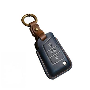Imagem de Capa de couro para chave de carro com capa completa compatível com VW Golf 7 MK7 Tiguan MK2 compatível com SEAT Ateca Leon FR 2 Ibiza compatível com Skoda Octavia(Blue)