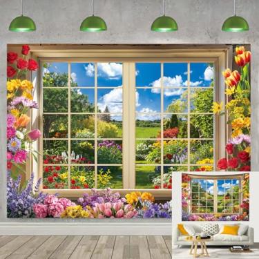 Imagem de Pano de fundo para janela de jardim primavera floral natureza paisagem cenário para aniversário, festa de chá, casamento, chá de bebê, cabine fotográfica, banner (94 x 70 polegadas (8 x 6 pés))