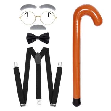 Imagem de Hmxpls Kit de fantasia de velho vovô 6 peças – bengala inflável, bigode cinza e sobrancelhas, óculos, suspensórios, gravata borboleta, Preto, Tamanho Único