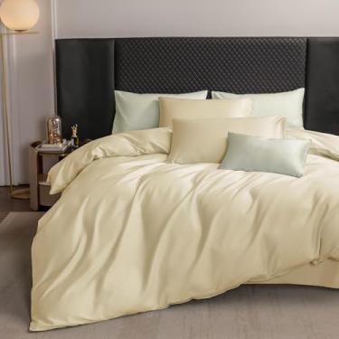 Imagem de MooMee Conjunto de capa de edredom 100% algodão extra longo 600 fios cetim sedoso macio macio respirável durável roupa de cama de qualidade hoteleira, 3 peças (amarelo manteiga, Queen 228 x 228 cm)