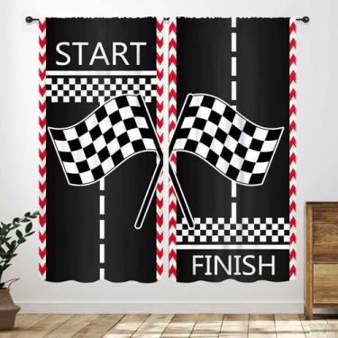 Imagem de Cortinas de pista de carro de corrida, preto e branco, bandeira quadriculada, tema esportivo, tratamentos de janela para adolescentes, meninos, crianças, quarto, sala de estar, sala de jogos, 2