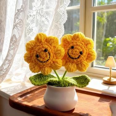 Imagem de Vaso de flores de crochê, vaso de girassol de crochê feito à mão, flores em vasos pequenos, ideais para mesas de casa, varanda, quarto e presente (girassol de duas cabeças)