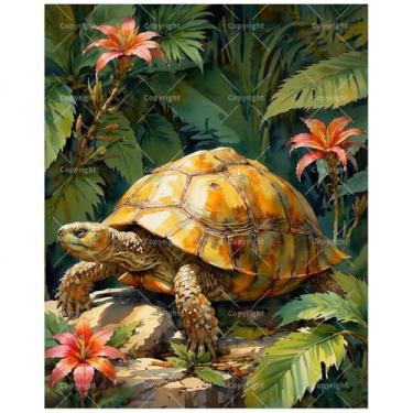 Imagem de Kit de pintura de animais selvagens por números para adultos - Tartaruga da selva DIY com pintura de flores e folhas tropicais em tela 40,6 x 50,8 cm, conjunto de tinta acrílica, adequado para