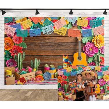 Imagem de Pano de fundo de decoração de festa mexicana, tema mexicano cinco de maio fundo de fotografia de carnaval, cacto de madeira rústica bandeiras coloridas flores suprimentos de festa banner decoração de