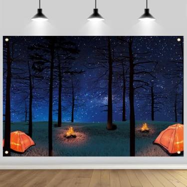 Imagem de Pano de fundo para fotos de acampamento de floresta noturna, céu estrelado, tenda, fogueira, fogueira, tema, cenário, interior, exterior, aventura, festa de aniversário, banner, material de poliéster