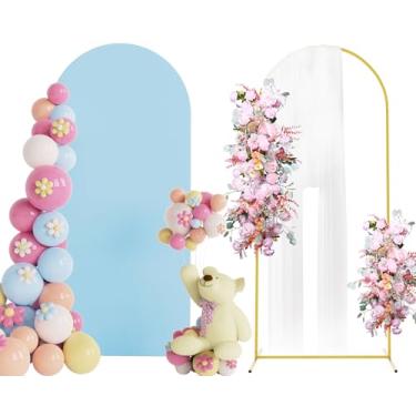 Imagem de Putros Suporte de arco de metal de 1,8 m com capa, capa de arco de casamento de elastano azul empoeirado e topo redondo Chiara para decoração de festa de aniversário de chá de bebê