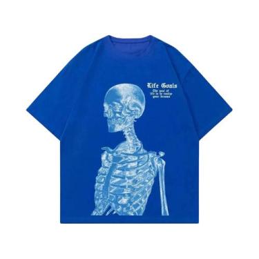 Imagem de Camiseta Feminina De Algodão Azul Com Estampa De Esqueleto, Verão, Sol