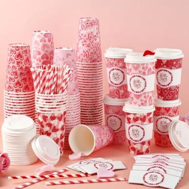 Imagem de Jingmore 120 conjuntos de copos de café descartáveis de 473 ml, com tampas, mangas, canudos, copos de papel para bebidas quentes e frias, casa, negócios, café, artigos de festa de aniversário (Dia dos