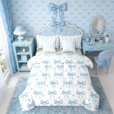 Imagem de Erosebridal Conjunto de cama solteiro com laço azul, 7 peças, princesa, sonhadora, laço azul, para decoração de quarto de crianças, adolescentes, mulheres, meninas, lençol com laço e coração
