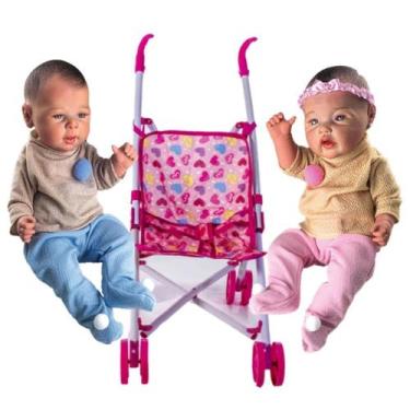 Imagem de Kit Boneca Realista Reborn Gêmeos + Carrinho de Bebê Rosa - Milk Brinq