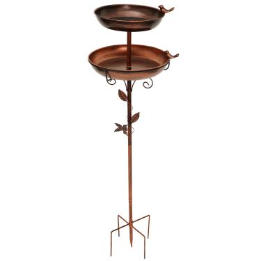 Imagem de Banheira para pássaros externa, 117 cm vintage autônomo para pássaros e alimentador de pássaros com estaca de metal, alimentador de pássaros de metal de camada dupla para decoração de jardim, pátio