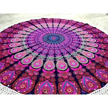 Imagem de Tapeçaria de praia redonda turquesa mandala manta/cobertor de praia boho hippie redondo/algodão indiano boêmio grande toalha de mesa redonda - decoração de casa/tapete de ioga tapete de piquenique de