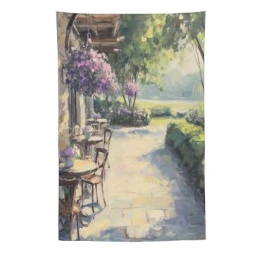 Imagem de Tapeçaria de pátio de casa de campo de pedra de primavera, pintura a óleo roxo rosa floral para pendurar na parede, decoração encantadora de jardim ao ar livre para sala de estar, quarto, decoração de