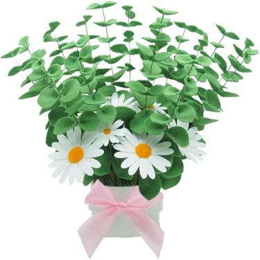 Imagem de BAZIMA Buquê de margaridas de eucalipto de feltro, kit de 15 eucaliptos e 8 margaridas, presentes florais, (verde)