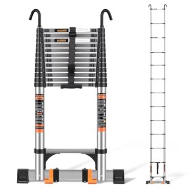 Imagem de Escada telescópica, escada de extensão de 16,5 pés com ganchos, estabilizadores, rodas, capacidade máxima de 150 kg, escada dobrável dobrável para trailer, telhado, ambiente externo