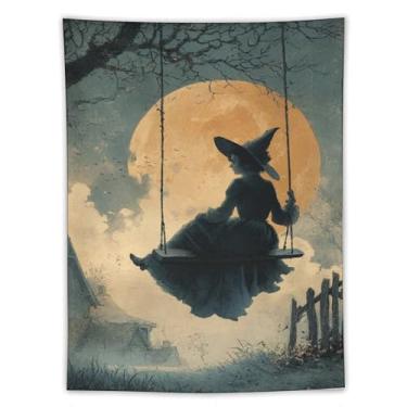 Imagem de Tapeçaria assustadora de Halloween bruxa no balanço laranja lua cheia campo assustador decoração de parede sala de estar quarto decoração de casa exclusivo pendurado têxtil 152 x 203 tapeçaria