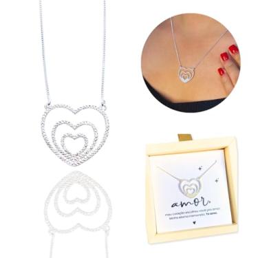 Imagem de Colar Feminino Prata 925 Banhado com Pingente de 3 Corações Presente Namorada Esposa Romântico